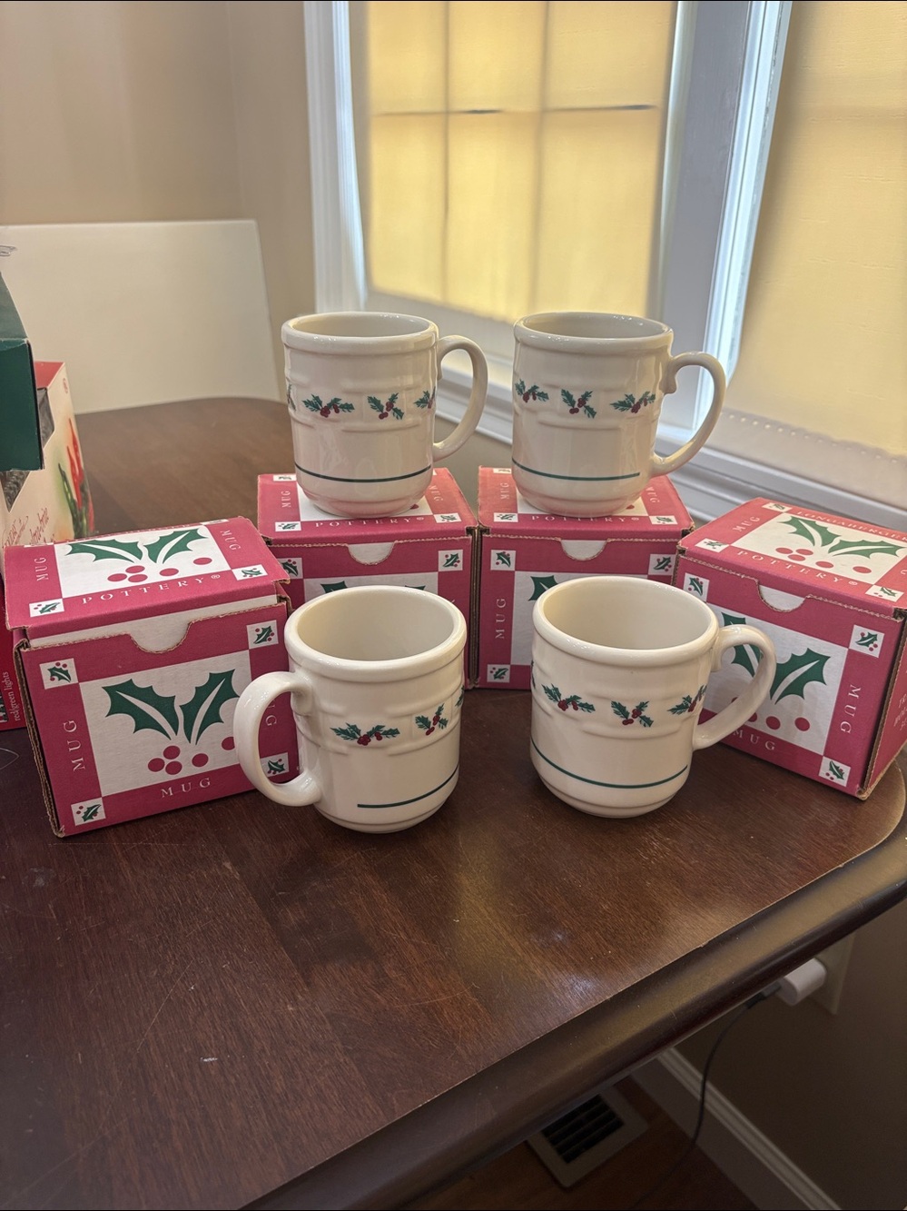 (4) Longaberger Pottery Traditional Holly Coffee Mugs 4" 31399 -New In Box Mint